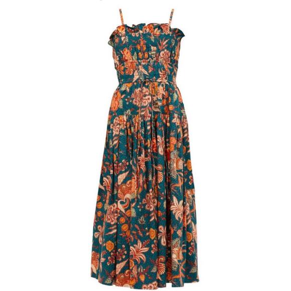 Ulla Johnson X Revolve Smocked Floral Teal Delphinium Lisbet MIDI Dress Size 4 - Picture 3 of 14